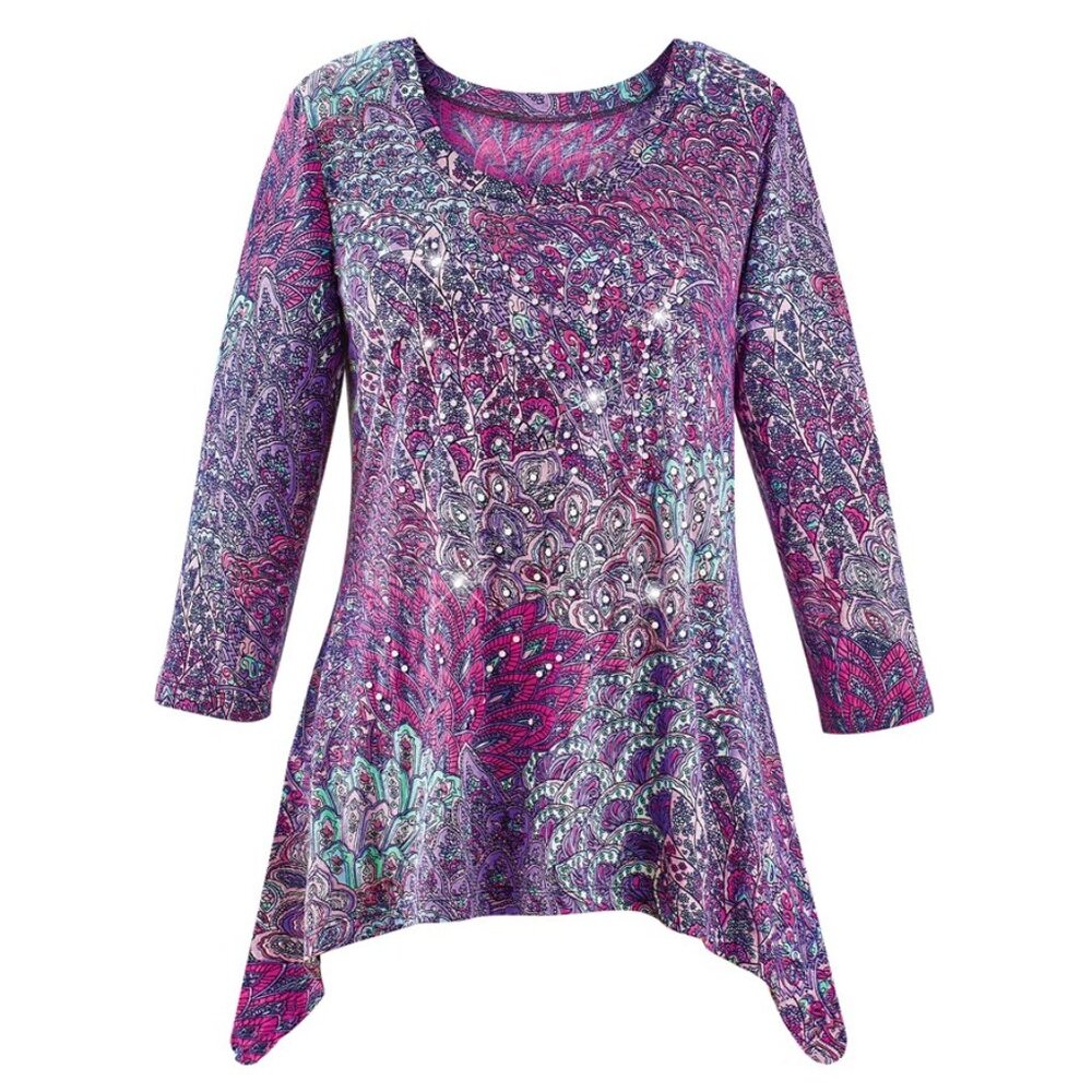 New XXL Purple Sparkling Sequin Peacock Feather Design SharkBite Knit Tunic